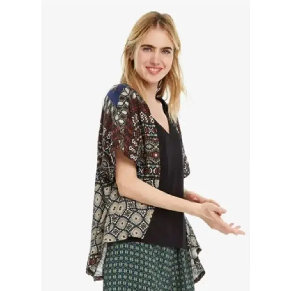 Desigual Jamil Geometric Short Sleeve‎ Cardigan Tank Top Combo Small Black Red - Picture 13 of 14